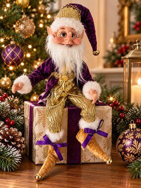 Christmas Sugar Plum Elf Pixie Doll Fur Trim Hanging Posable Bells Gold Purple